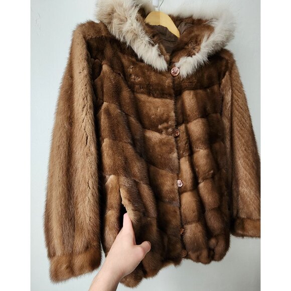 Western Furs Canadian Genuine Mink Fur Coat Stroller Fox Trim Hood VTG Mob Wife - Picture 4 of 16